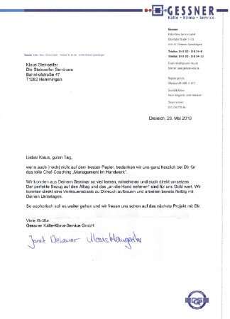 Kundenstimme zum Coaching Management im Handwerk von Janet Niebauer und Klaus Hangarter im Mai 2019