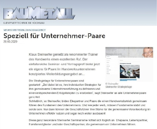 Speziell f&uuml;r Unternehmer-Paare | BAUMETALL im Mai 2020